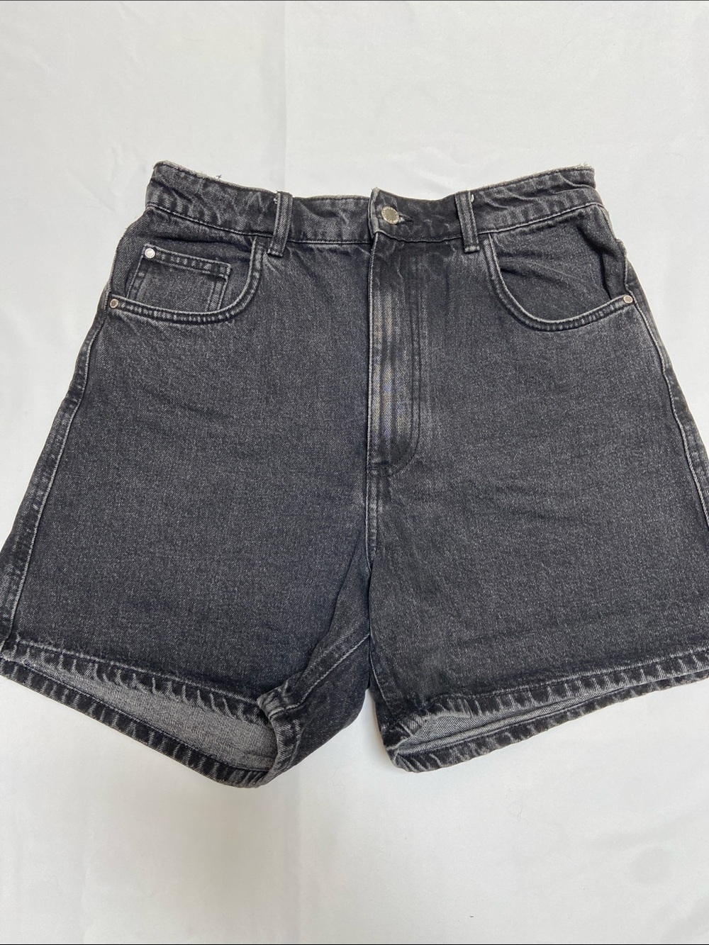 Zara Women's High Waist Black Washed Denim Shorts